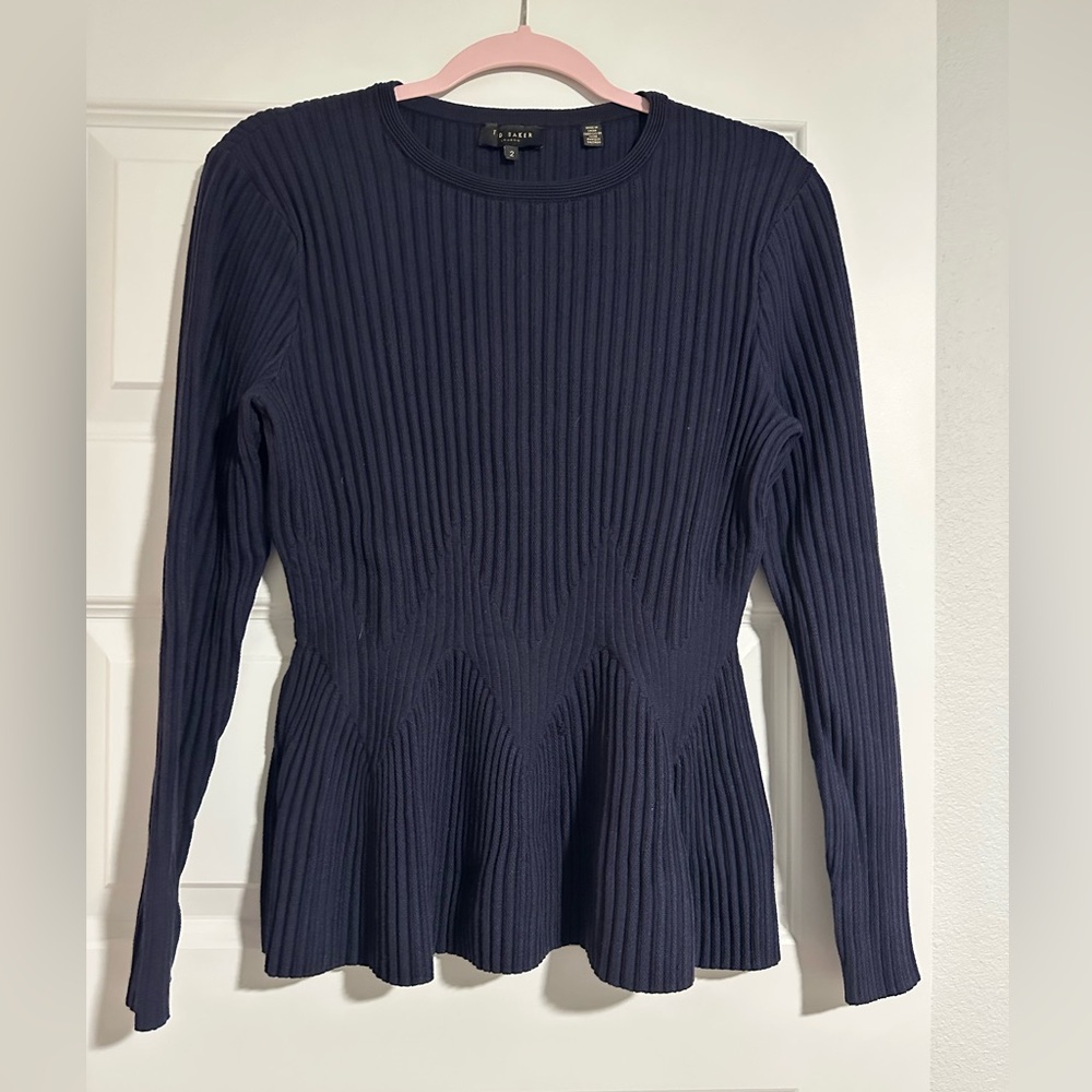 Ted Baker Dark Blue Ribbed Knit Long Sleeve Top